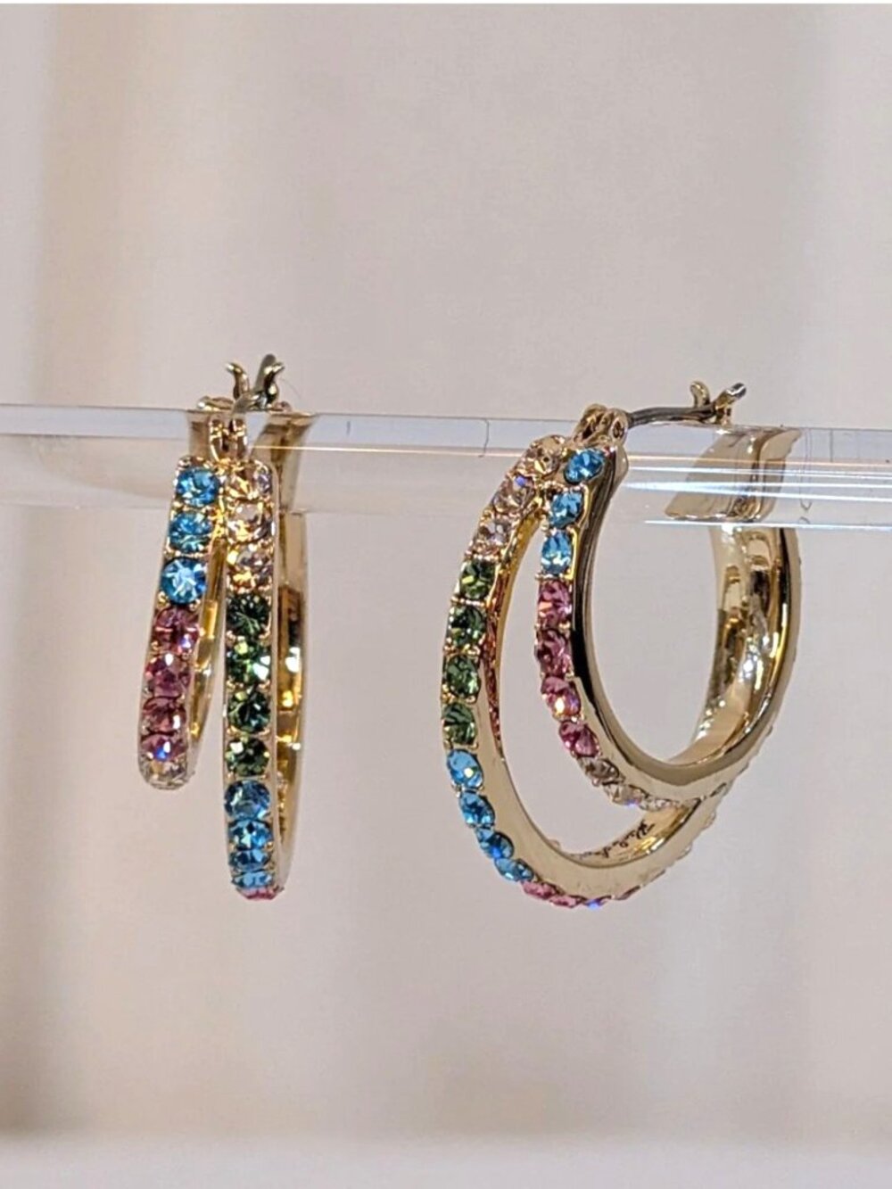 Karl Lagerfeld Gold Hoop Earrings With Multicolor Rainbow Stones